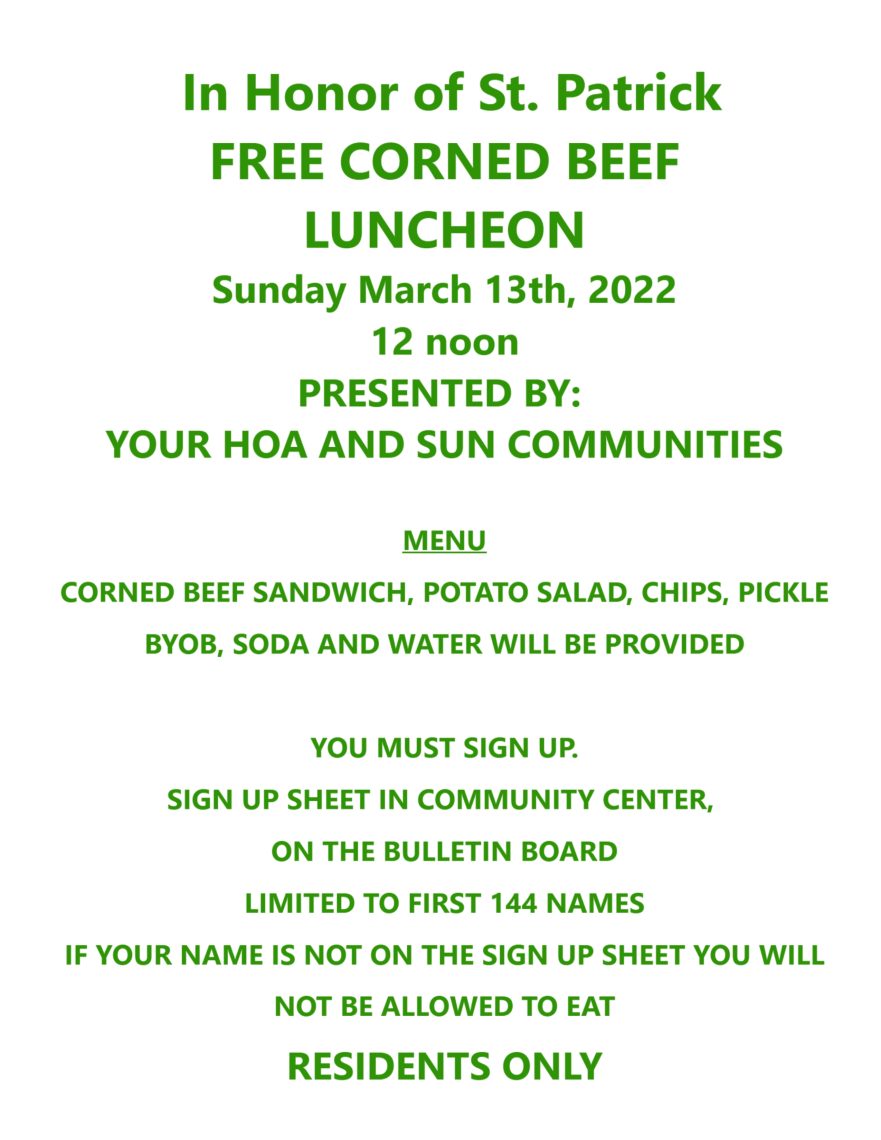 In Honor of St Patrick - Free Corned Beef Luncheon - Mar. 13, 2022