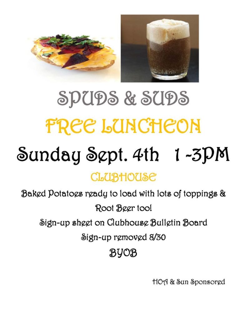 SPUDS & SUDS FREE LUNCHEON - Sept. 4, 2022