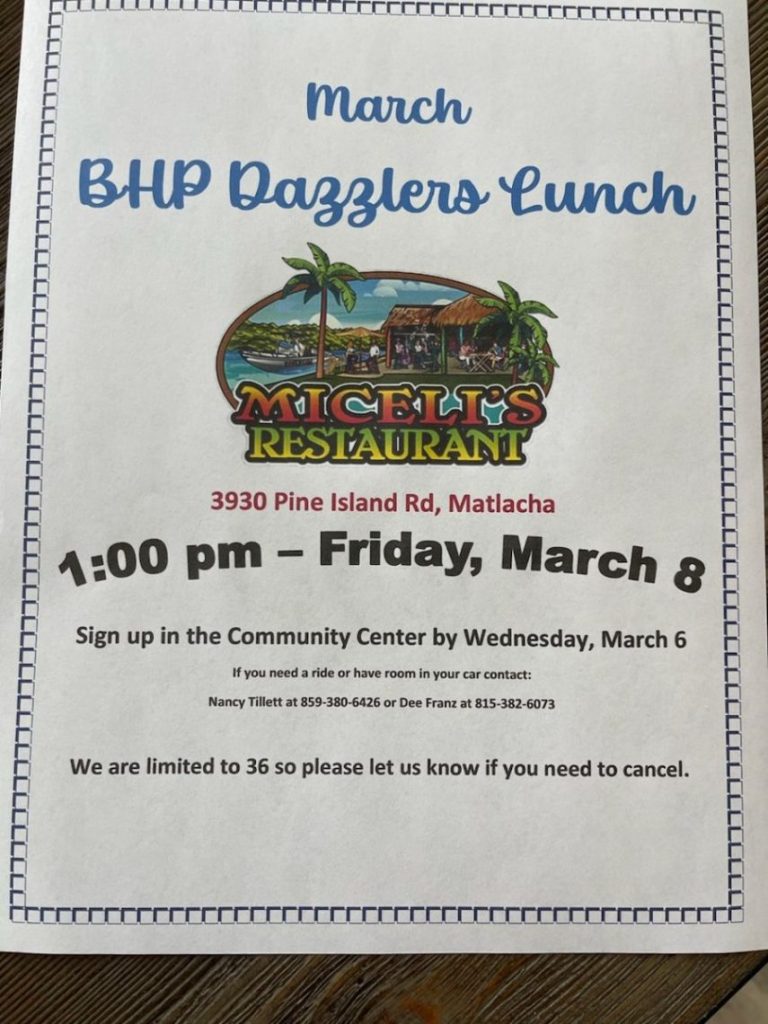 BHP Dazzler's Lunch - Miceli's Restaurant - 3930 Pine Island Rd, Matlacha - 1:00 pm - Friday, March 8